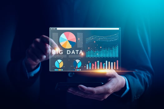 Businessman Analyzing Big Data Analytics on Virtual Screen with Graphs and Charts, Representing Data Science, Technology, and Business Intelligence Solutions for Decision Making, Performance Insights photo
