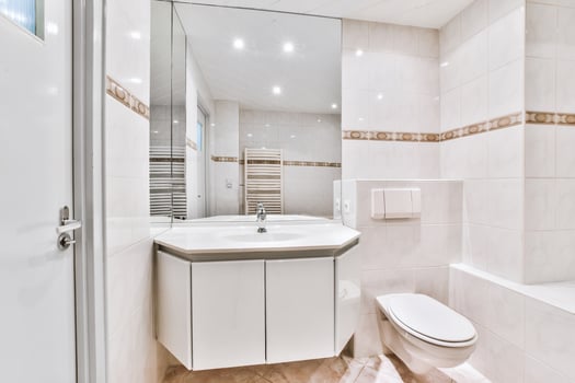 A bathroom with a toilet, sink and mirror photo