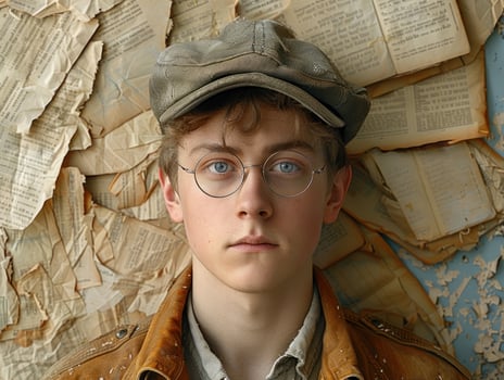 A young man with glasses and a cap stares intently, surrounded by pages from old books photo