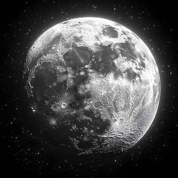 The moon is shown in black and white photo