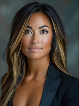 A woman with long dark hair and golden highlights stares confidently at the camera photo