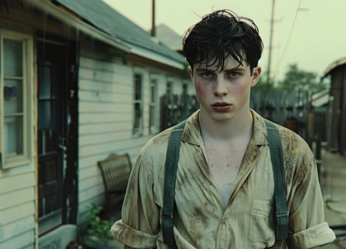 A young man in a dirty work shirt stands before a house, looking determined photo