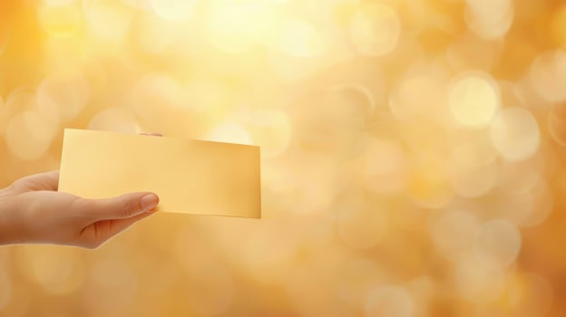 Golden business card in hand with blurred background photo