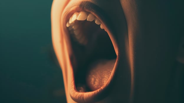 A woman with her mouth open and her teeth showing photo