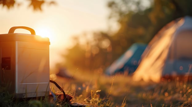 A portable cooler sitting in the grass near a tent photo