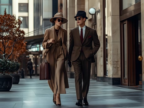 A man and woman in suits walking down a street photo