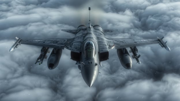 A fighter jet flies high above a field of fluffy clouds photo