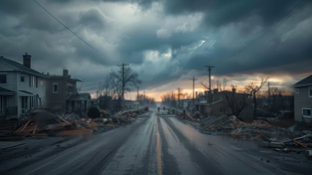 A street with debris and houses in the background photo