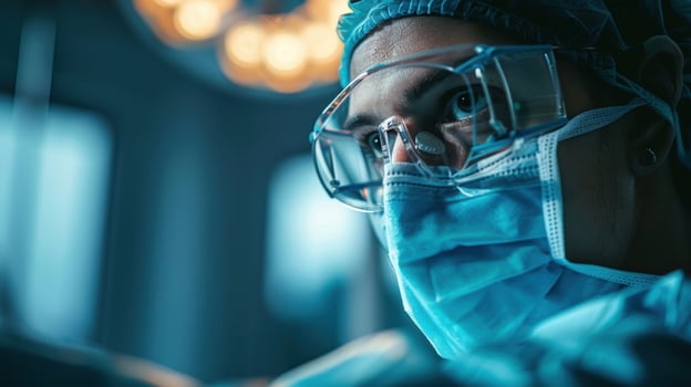 A surgeon in a surgical gown and glasses photo