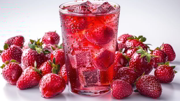A glass of ice water with strawberries and ice cubes photo
