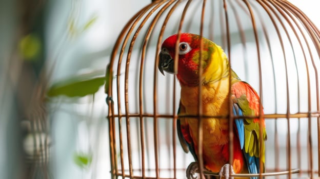 A colorful bird sits gracefully within a beautifully designed cage, highlighting its vivid plumage. The accessory adds a pleasing aesthetic to the indoor space photo