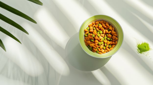 The container showcases an inviting assortment of wet cat food, filled with colorful morsels that catch the light, surrounded by soft shadows from a nearby plant photo