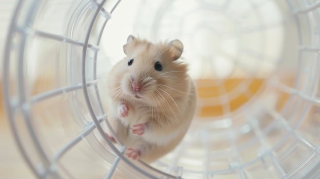 A curious hamster runs inside a modern, transparent wheel placed in a cozy indoor environment filled with soft light, showcasing its playful nature photo