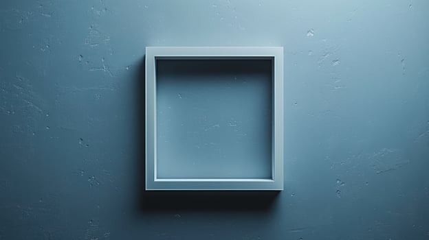 A white frame sits against a textured blue wall photo