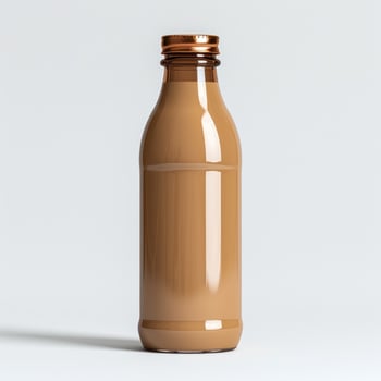 A clear glass bottle filled with a light brown liquid sits on a white surface photo