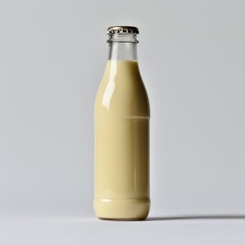 A glass bottle filled with a creamy white liquid stands against a white background photo