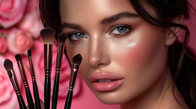 Woman with perfect makeup and blue eyes poses for close-up with brushes photo