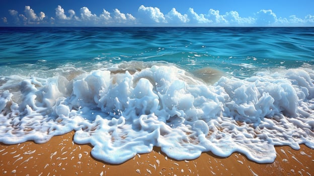 A white wave crashes on the sandy shore on a sunny day photo