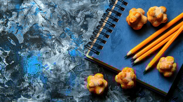 Close-up of a notebook, pencils, and abstract forms on a blue background photo