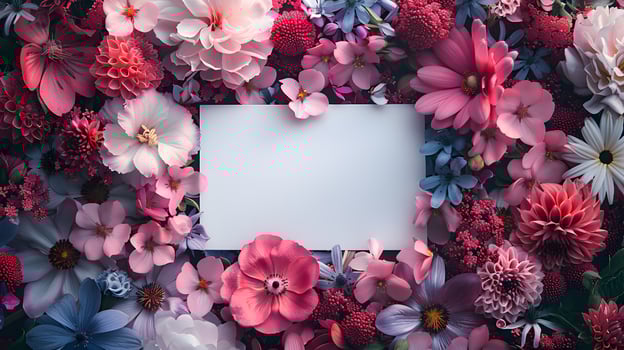 White flower card adorned with pink and blue blooms photo