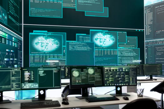 Empty governmental cyber defense and surveillance room equipped with cutting edge advanced technology. Ensuring safety from cyber attacks and digital threats with cyber security measures. photo