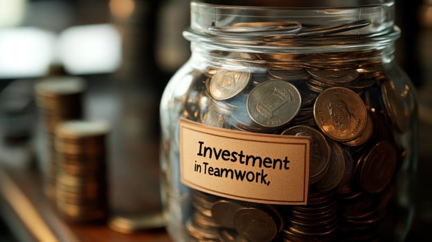 Investment in teamwork is symbolized by glass jar filled with coins, representing savings and collaboration. photo