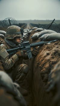 Soldier With Machine Gun in Trench photo