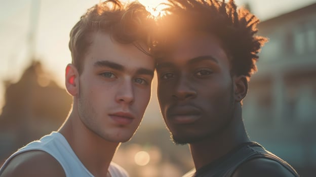 A young multiracial couple shares a moment together, basking in summer sun photo