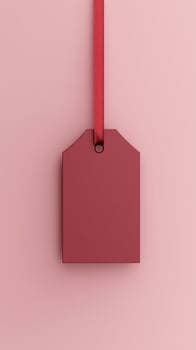 Rectangular red blank paper tag label price tag with hanging satin rope isolated pink photo