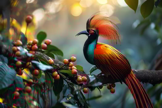 A colorful bird with a long tail sits on a branch photo