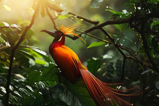 A red bird with a long tail sitting on a tree branch photo
