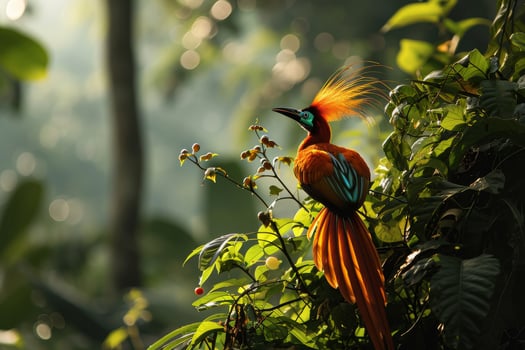 A colorful bird with a long tail is perched on a tree branch photo