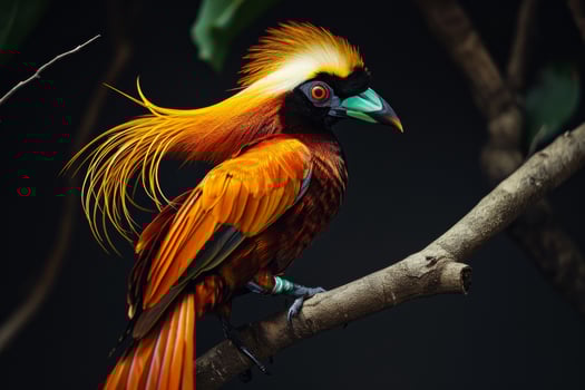 A colorful bird with long feathers on a branch photo