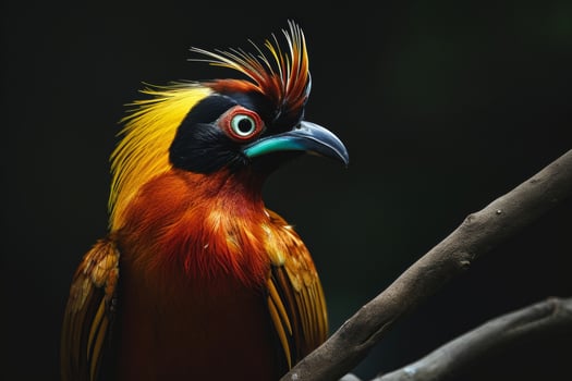 A colorful bird with a black beak and yellow eyes photo