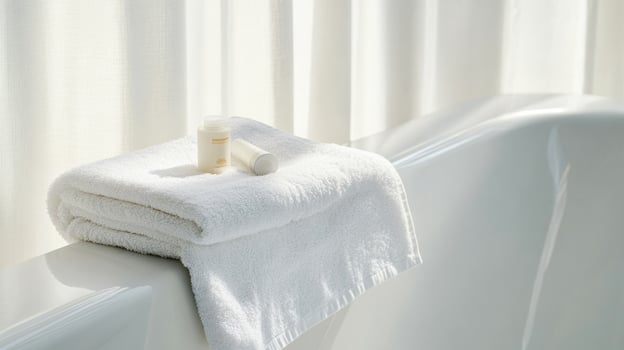 White Towel and Cream on Bathtub Edge Against Pristine Background photo