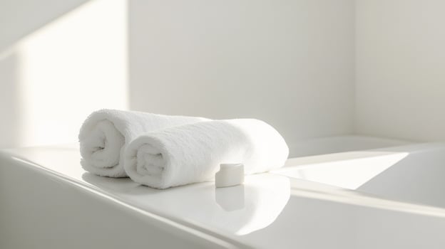 White Towel and Cream on Bathtub Edge Against Pristine Background photo