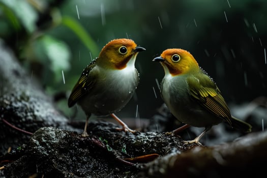 Two birds are standing in the rain photo