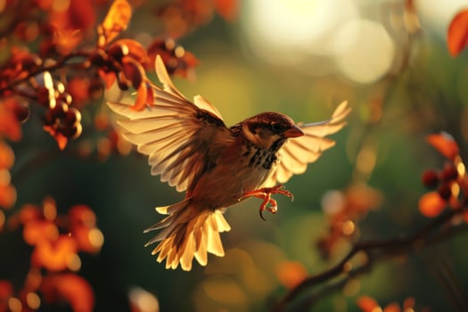 A bird flying over a tree branch with leaves photo
