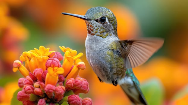 Hummingbird hovering near orange flower feeding on nectar with blurred background photo
