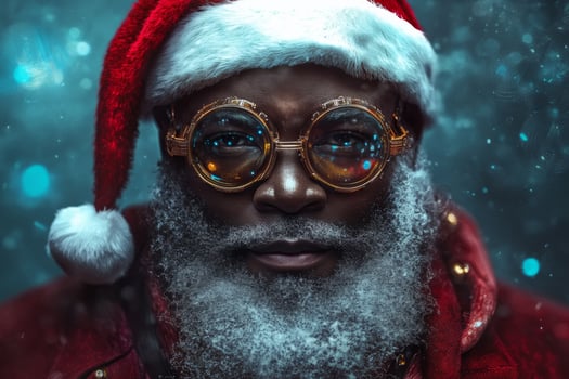 Festively dressed figure with glasses and a Santa hat poses against a snowy backdrop during the holiday season, brutal African American photo