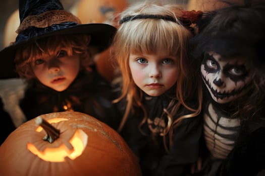 Children wearing costumes are celebrating Halloween photo
