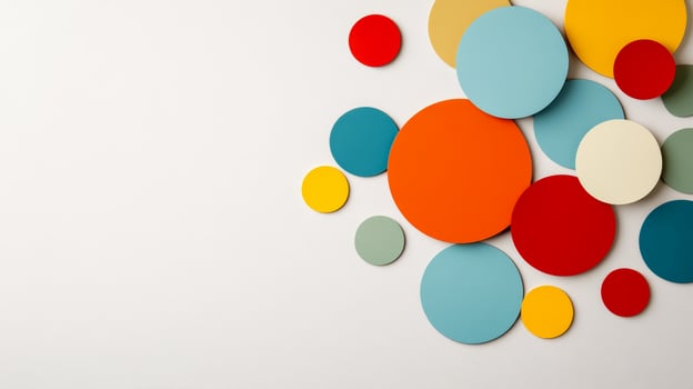 Minimalist layout of colorful paper strips and circles with subtle shadow effects on a neutral backdrop photo