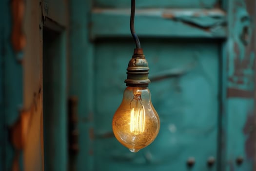 An old fashioned light bulb is hanging from a wire photo
