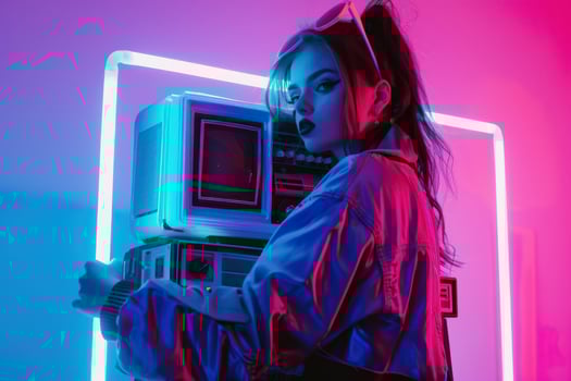A Woman with a Boombox Surrounded by Blue and Pink Lights, Creating a Vibrant and Retro Atmosphere photo