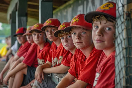 Youth Baseball Team Preparing and Supporting Each Other in the Dugout photo