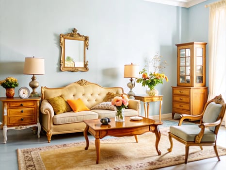 A Charming Vintage Living Room Adorned with Elegant Decor and Warm Colors for a Cozy Atmosphere photo