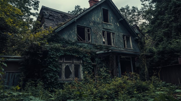 Creepy haunted house with broken windows and overgrown plants photo
