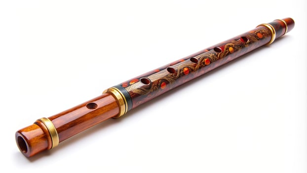 A wooden flute with a gold trim and a wooden body photo