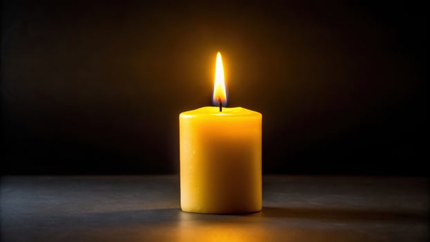 A single yellow candle is lit on a dark background photo