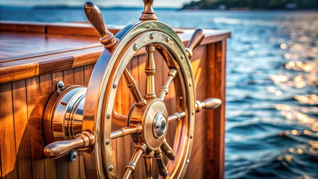 A wooden boat steering wheel with a sun shining on it photo